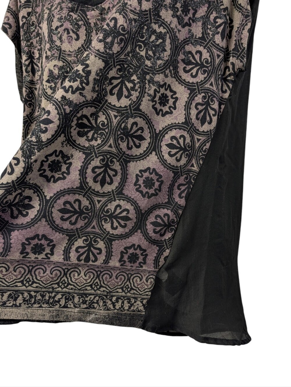 Rock & Republic Black Purple Glitter Medallion Print Top Women's Size L - Picture 3 of 6